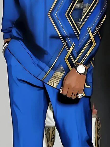 Men's National Style Hot Stamping Suit, The Male Must Enter The Blue Theme, Golden Thread Geometric Embroidery, Asymmetric Tailoring Super Eye-catching, Fashion Occasions, High-grade Feeling Full, Easy to Get Out Of The Circle., Suit for Men, PLUS SIZE
