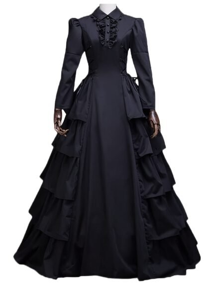 Medieval Victorian Lady'S Dress - Black Vintage Outfit, Suitable for Halloween, Renaissance Fairs, Stage Performances, And Historical Role-Playing, Featuring a Genuine Historical Long-Sleeve Romantic Elegant Dress, Gothic Style Long Skirt [Two-Piece Set]