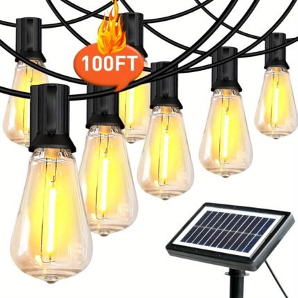 100ft Solar String Lights Outdoor IP44, Solar Lights Outdoor, with Dimmable Globe Bulb, Strong-Weak-Flash-Breath 4 Modes, Outdoor Lights for Yard, Pool, Camping, Decorating Tents, Wedding Decor for House Garden Decor Room, Wall