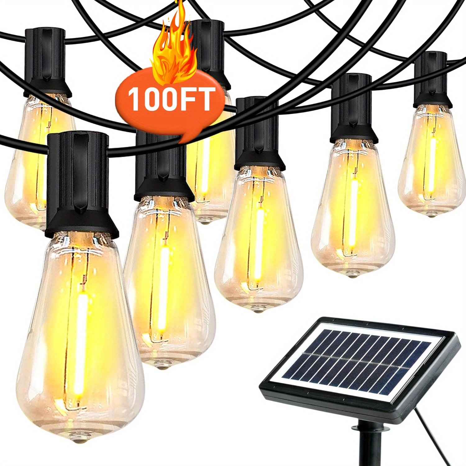 f5e9a562968c4233808872704a53596b-goods.jpeg 100ft Solar String Lights Outdoor IP44, Solar Lights Outdoor, with Dimmable Globe Bulb, Strong-Weak-Flash-Breath 4 Modes, Outdoor Lights for Yard, Pool, Camping, Decorating Tents, Wedding Decor for House Garden Decor Room, Wall - Image 1