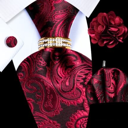 5pcs Mens Tie Pocket Square Cufflinks Golden Drilled Tie Ring And Lapel Pin Set for Wedding Groom Party Business Mens Gift Necktie Set