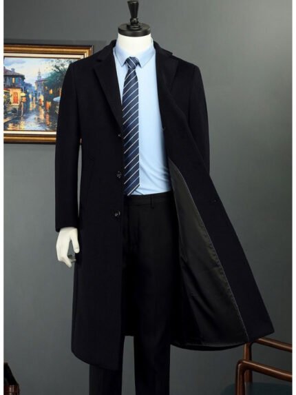 Men's Long Black Single-Breasted Trench Coat - Casual Business Style, Polyester Fabric with Pockets, Elegant Lapel Collar, Perfect for Spring and Fall, Stylish Formal Wear | Sleek Singlebreasted | Structured Design