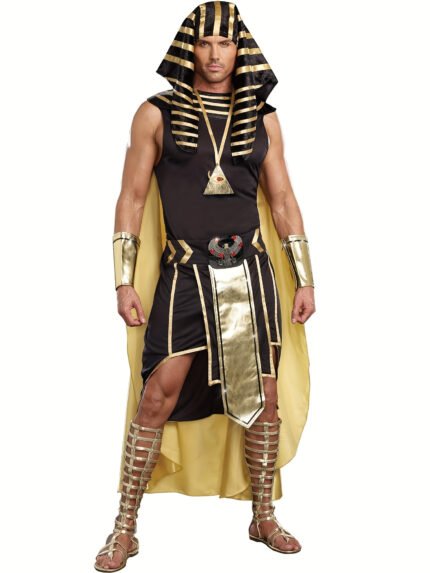 Men Egyptian Costume Set, 7 Pcs Golden Trim Tank Tops Skirt Arm Sleeves Headwear Necklace Halloween Cosplay Outfits