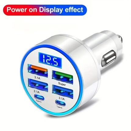2025 new car charger six port car charger with display screen super fast charging 12-24V sedan and truck universal style colorful atmosphere light, compatible with 90% mobile phone fast charging