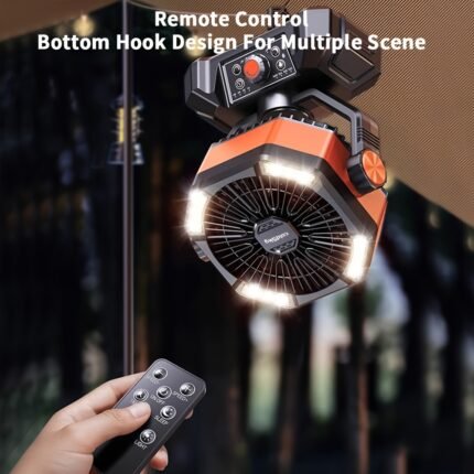 coldSky 20000mAh Camping Fan With Dual Motor, Battery Powered Fan With 4 LED Lanterns, 8 Speed Desk Fan With Remote Control, Portable Outdoor Fan With Hook For Tent, Power Outage, Construction Site