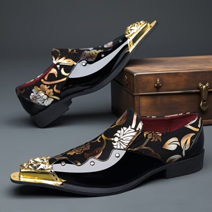 QRLQRL Men'S Elegant Golden Floral Pattern Slip-On Loafers - Low Heel Pointed Toe Dress Shoes with Metal Buckle Closure, Glossy Faux Cover Upper & Rubber Sole, All-Season Business Casual & Formal Shoes for Weddings, Parties, Office - Comfortable & Durable (Black with Golden Accent) - Versatile for Semi-Formal & Casual Attire, Wedding Footwear, Party Footwear, Stylish Footwear, Highquality Finish, Professional Men, Mens Dress Shoes, Oxford Shoes For Men