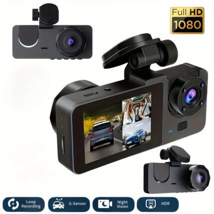 PODOFO 1080P-2-Channel Front & Rear Built-in Tachograph, UHD Car Camera with Infrared Night Vision, Loop Recording, WDR, 24-Hour Parking Mode, Adhesive Mount, 30FPS Frame Rate, Car Plug Power Mode, Universal Driving Position, No Battery Required, Car Camera for Front and Rear, Car Safety Camera, Sleek Camera Design, Highquality Video, Without Battery
