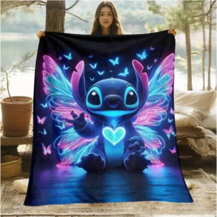 1pc Stitch & Lilo Glow-in-the-Dark Blanket - Stitch Character with Neon Blue & Pink Glow, Soft Flannel Lightweight Throw for Bed, Sofa, Travel - All-Season Cozy Anime Decor - Perfect Gift for Fans, Machine Washable, Bed Cover, Playful Design, Durable Material, Themed Accessory, Pop Culture Lovers