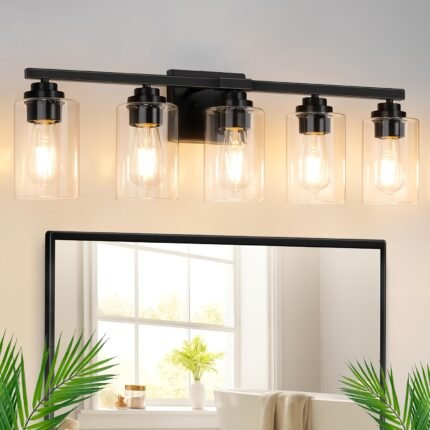 3/4/5-Light Bathroom Vanity Fixture - Modern Matte Black Bathroom light with Clear Glass Shades, Semi-Flush Mount or Surface Mount Wiring, Hardwired Vanity Lighting for Bathroom, Bedroom, Living Room - No Bulbs Included - Ideal for Contemporary & Traditional Decor, Bathroom Decor And Accessories, Bedroom Lighting, Elegant Light Fixture, Durable Metal Construction, Classic Design, Highquality Finish, Home Decorators