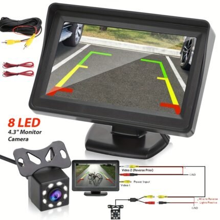 Backup Camera Car Rearview Mirror HD Parking System Night Vision 4.3 Inch Monitor 8 LED Light HD Reversing Camera Kit with Wide Angle Lens for Safe Parking and Reverse Driving - Perfect for Cars, Pickups, SUVs, No Battery