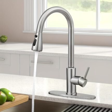 1pc Kitchen Faucet with Pull-Down Spray(Non-Potable Water Use) Single Handle High Arc Commercial Stainless Steel Brushed Nickel Kitchen Sink Faucet with Deck Suitable for Bar Laundry RV Farmhouse (Matte Black&Brushed Nickel)
