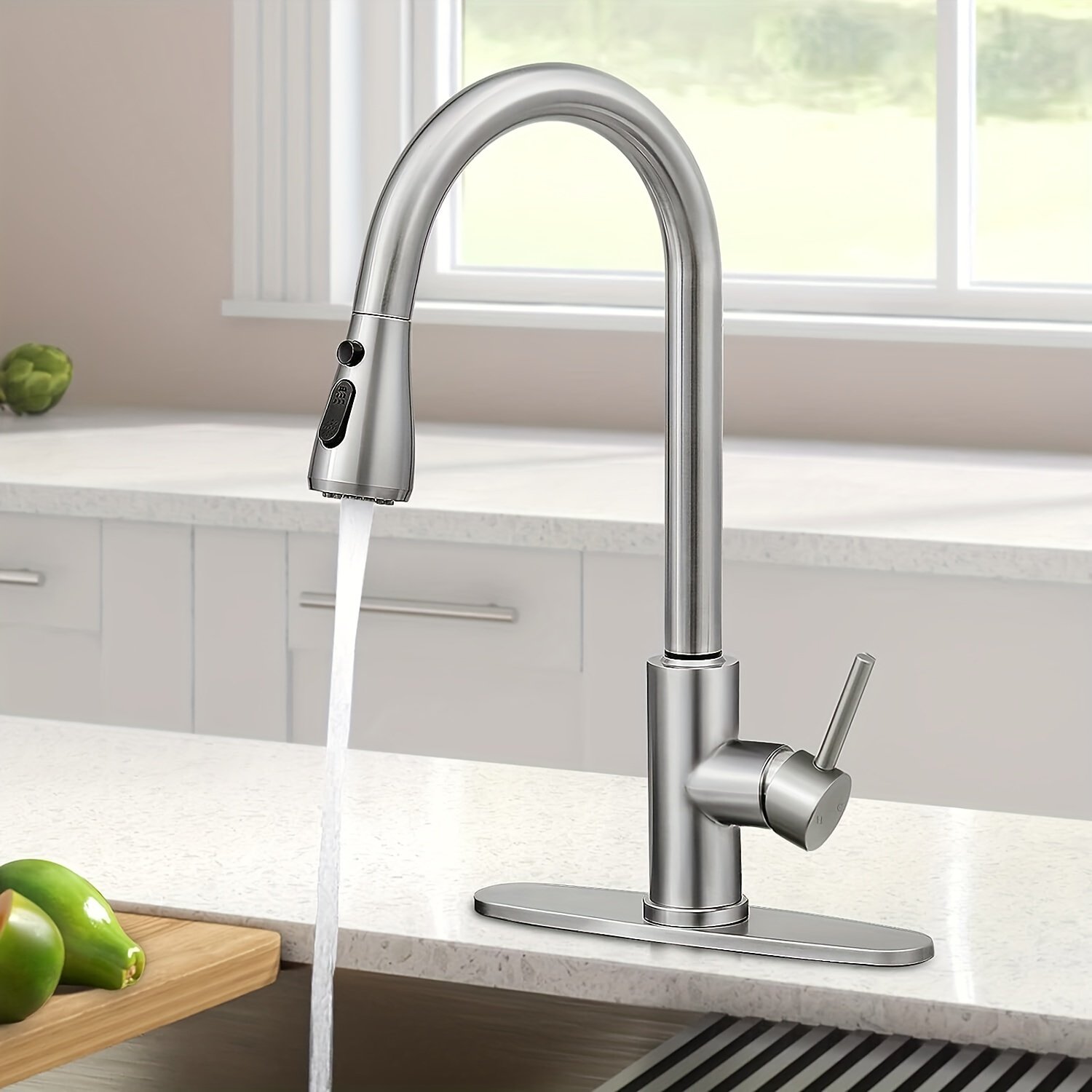 f830f69d-d02d-4cbf-8f9c-c093a216df48-1.jpg 1pc Kitchen Faucet with Pull-Down Spray(Non-Potable Water Use) Single Handle High Arc Commercial Stainless Steel Brushed Nickel Kitchen Sink Faucet with Deck Suitable for Bar Laundry RV Farmhouse (Matte Black&Brushed Nickel) - Image 1