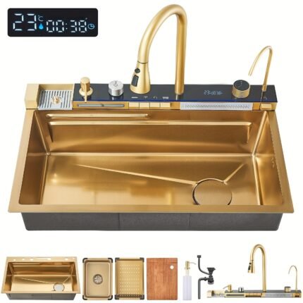 1 Set Digital Display Waterfall Sink Single Bowl Kitchen Sinks, Stainless Steel Bar Sink With Pull Down Sprayhead Faucet, Smart Modern Kitchen Sink With Full Set Of Accessories, Gun Gray
