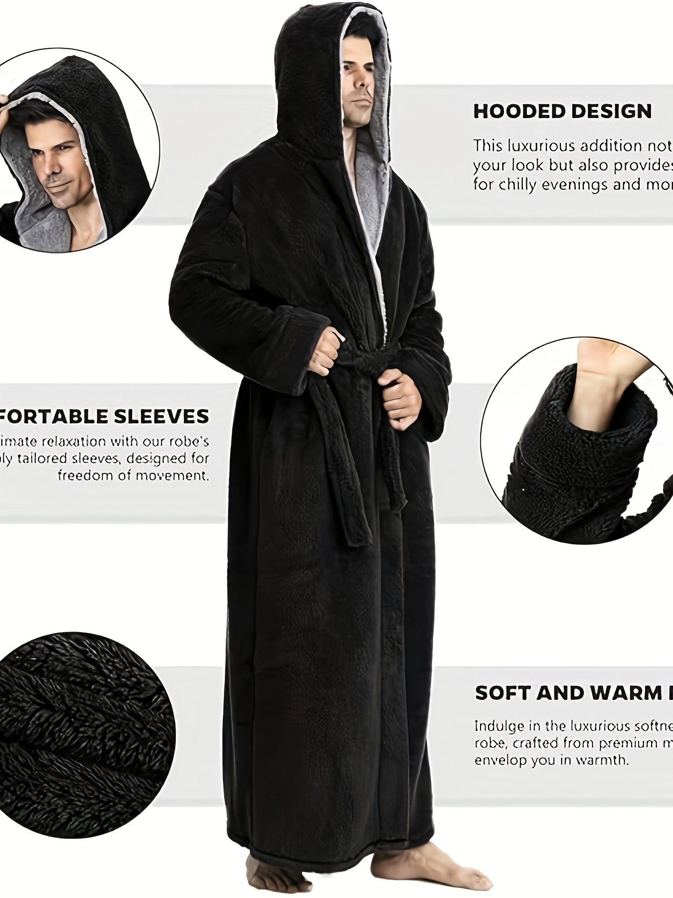 f963e377-bd7e-472a-8b5a-a3de2fb8bede.jpg Men's Cozy Black Velvet Hooded Robe with Belt - Soft, Thickened Long Nightgown for Autumn and Winter, Machine Washable, Perfect Gift Idea, Cozy Loungewear | Shaggy Texture Robe | Polyester Fiber Robe, HELLOMAMMA - Image 1