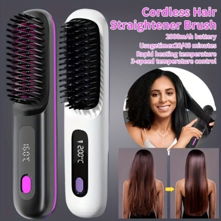 Portable Wireless Hair Straightener Comb - USB Charging, 3-speed Temperature Control, Negative Ion Technology, Long-lasting Luster, LED Display Screen, Lightweight, Perfect for Travel, with Comb And Clip Included