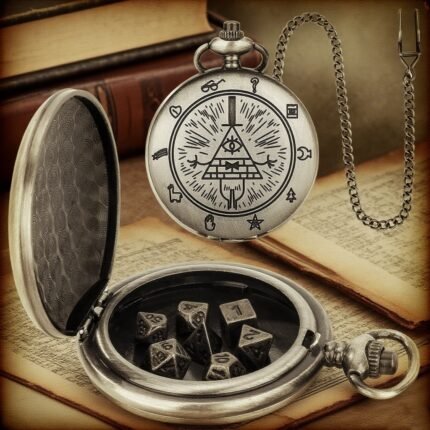 DND Dice Pocket Watch Box - Zinc Alloy, Whimsical Gnome & Devil Design, Golden-Tone Finish, Includes Chain, Perfect for Role-Playing Games & Fantasy Themes, Game Accessory | Whimsical Design | Zinc Alloy Box