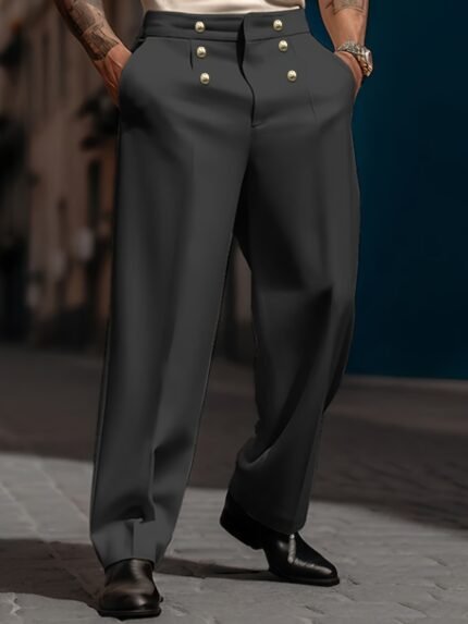 Men'S Casual Straight-Leg Dress Pants with Front Pockets & Decorative Buttons - Solid Color, Comfortable Fit for Business, Wedding, Daily Wear, Wedding Attire, Modern Style, Sleek Appearance