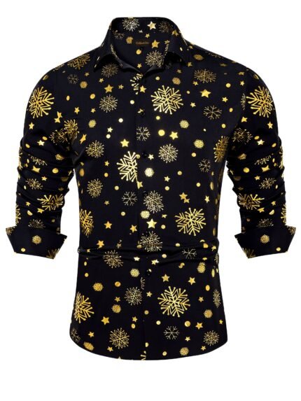 Docapeiton Elegant Christmas Dress Shirts for Adults - Polyester and Elastane Blend, Regular Fit Long Sleeve Lapel Collar Shirt with Non-Stretch Fabric and Festive Snowflake Pattern for All-Season Wear