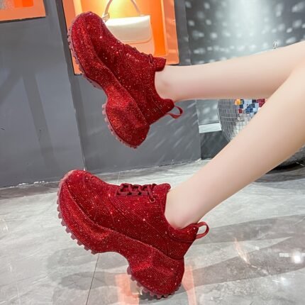 Golden qiyashiL2888 High-End Genuine Full Diamond Dad Shoes Women'S Comfortable Breathable Fashion Round Toe Anti-Slip Sole Versatile Front Lace-Up Sports Thick-Soled Height-Increasing Shoes