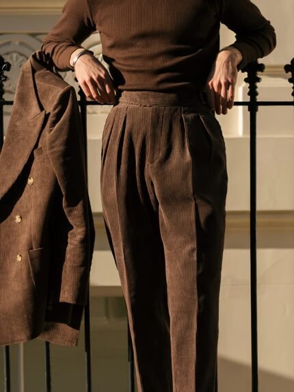 Men'S High-Waist Straight-Leg Corduroy Pants - Elegant Italian Style, Button Detail, Solid Color, Regular Fit, Perfect for Business Or Casual Wear, Fall/Winter Collection, Business Casual Pants | Elegant Straight Leg Pants | Corduroy Fabric