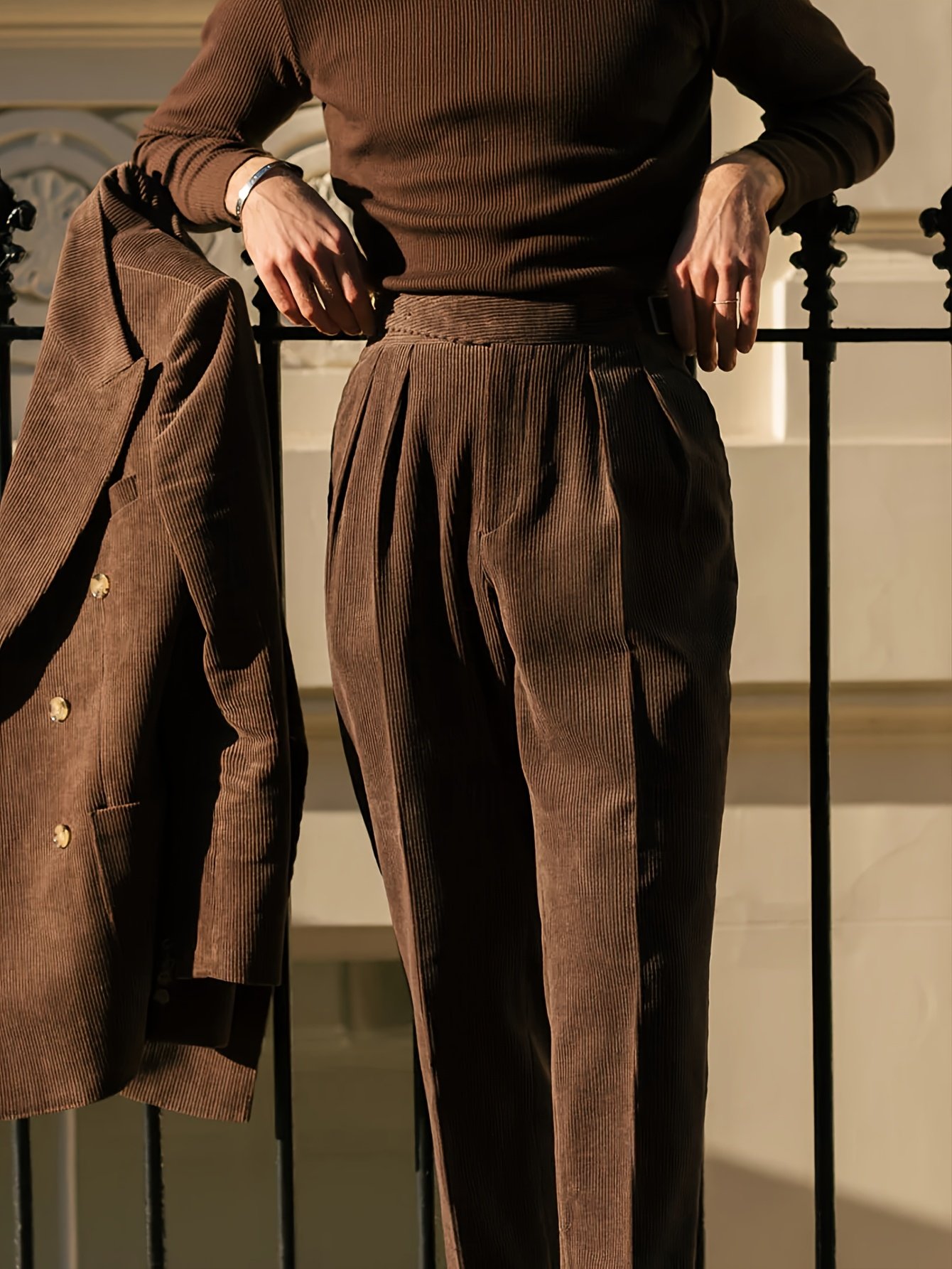 fa596823-fec1-4a02-9eef-092b477288b4.jpg Men'S High-Waist Straight-Leg Corduroy Pants - Elegant Italian Style, Button Detail, Solid Color, Regular Fit, Perfect for Business Or Casual Wear, Fall/Winter Collection, Business Casual Pants | Elegant Straight Leg Pants | Corduroy Fabric - Image 1