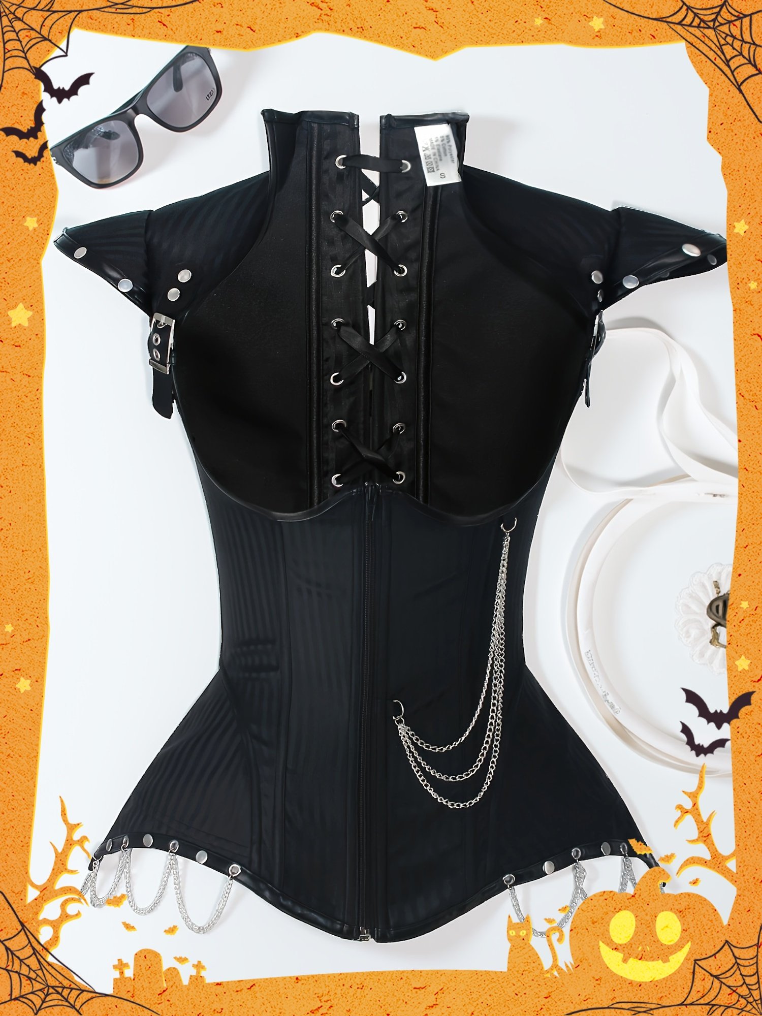 fa820634f6edf7c1f71ebb4f1bad93ec.jpg Cloudy.Lee Gothic Punk Corset Top - Black Striped Steel Boning Tummy Control Bodice with Metal Chain Accents, X-Shape Hourglass Waist Cincher for Halloween Costume & Alternative Fashion - Image 1