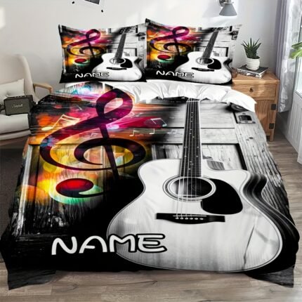 3pcs Retro Music Guitar Customizable Name Comfortable Soft Bedding Set, High-Quality Softness, Hypoallergenic, Easy Care, Low Allergy, with 1 Duvet Cover and 1/2 Pillowcases (No Insert), for Family and Dorm Decor