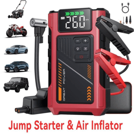 ‌Jump Starter Power Bank Car Booster 7000A Peak 12V with Air Compressor USB Charger LED Light Safety Hammer for Emergency Roadside Assistance Car Truck RV