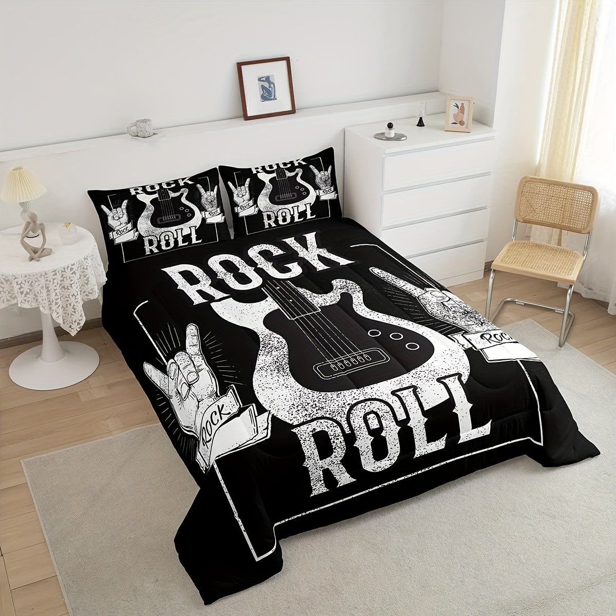 fb289a97-a5e9-440b-9e3b-8632bf1f1326.jpg rosebridal 2/3pcs Guitar Bedding Set Rock Music Comforter Set, Grunge Electric Guitar Duvet Insert Rock Roll Theme Quilt Set for Youth Teens, Soft & Breathable Black White Musical Instrument Bed Set for Bedroom Guest Room Decor - Birthday Present - Image 1
