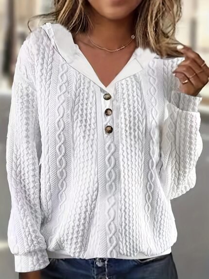 Plus Size Casual Sweatshirt, Women's Plus Solid Jacquard Long Sleeve Henley Hooded Sweatshirt