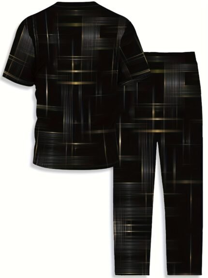 Men's Casual Suit, Golden Striped High-Definition Pattern Print Short Sleeve T-Shirt + Drawstring Straight-Leg Pants Two-Piece Set, Fashionable Outdoor Round Neck Top Sportswear (Middle East)