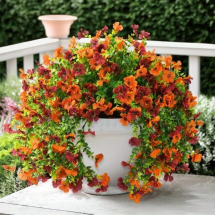 2pcs Artificial Hanging Daisy Plants - UV Resistant, Realistic Orange & Brown Fall Decor for Indoor/Outdoor Home, Porch, Window, or Garden - Vibrant Autumn Foliage in White Pot, Garden Decorations, Porch Decoration, Durable Plastic Flowers