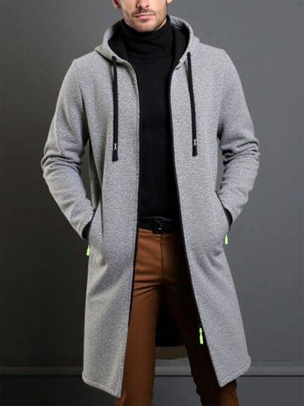 Men's Full-Zip Hooded Knit Jacket Coat - Thermal Insulated Full-Zip Front with Zippered Pockets, Full-Length Zipper Closure, Machine Washable Winter Coat for Gym, Hiking, Everyday Casual Wear - Full-Zip Hoodie Jacket for Men in Neutral Colors (Black/Gray/Beige/Brown) - Relaxed Fit with Contrast Zipper Pockets, Soft Knit Fabric, Ideal for Autumn and Winter, Versatile for Casual, Sports, and Outdoor Activities, Hiking Outerwear, Durable Construction, Gym Enthusiasts