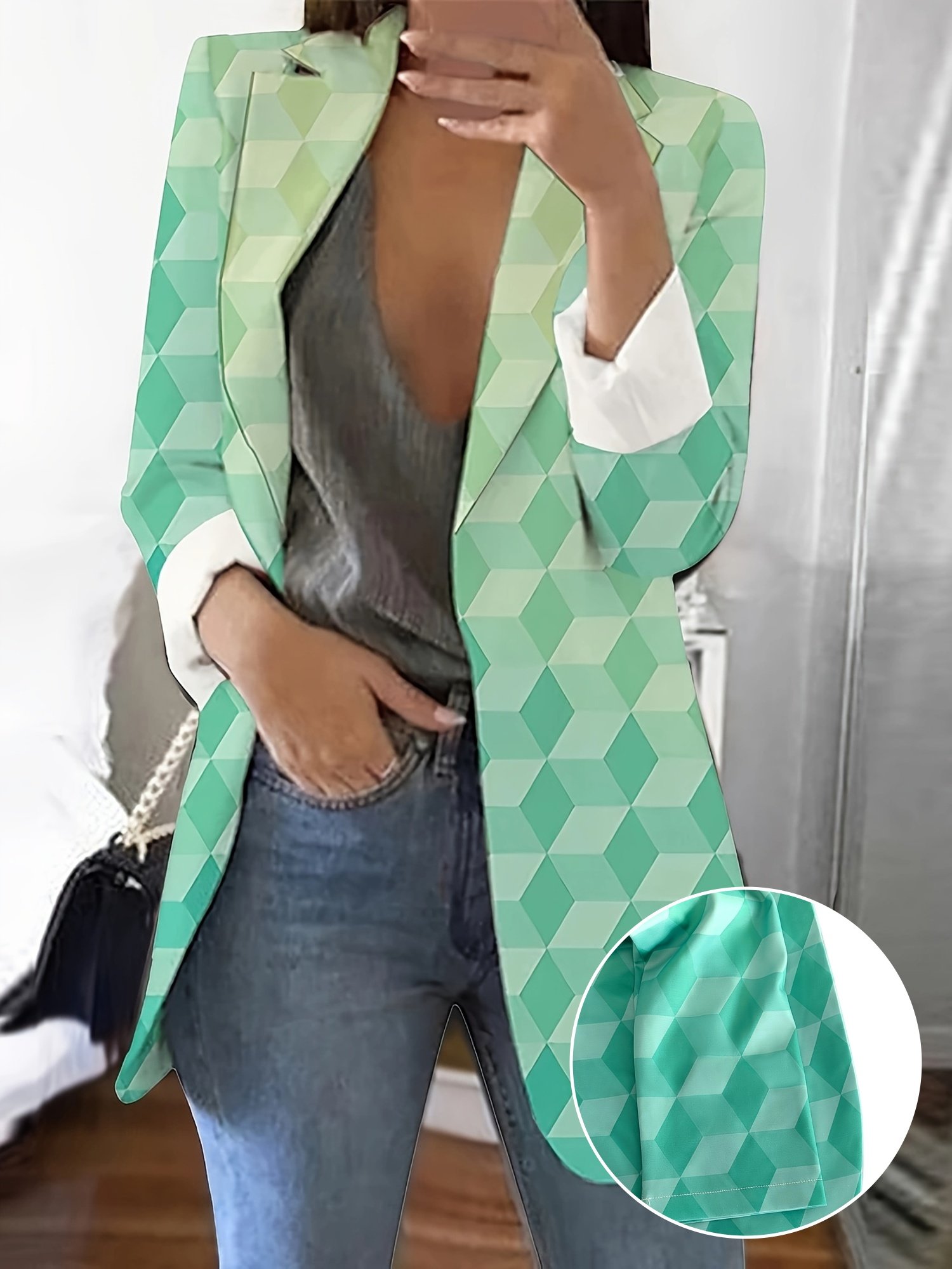 fc28aa63c93af5ebfbf08645b48bea5c_WYaMM7LRhY4NL.jpg Women'S Stylish Green & White Geometric Print Blazer - Casual Long Sleeve Jacket with Buttonless Front, Polyester Fabric, Perfect for All Seasons - Image 1