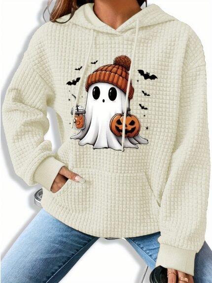 Women'S Halloween Ghost & Pumpkin Print Hoodie, Casual Knit Polyester Sweatshirt with Kangaroo Pocket, Long Sleeve Drawstring Hooded Top for Fall/Winter