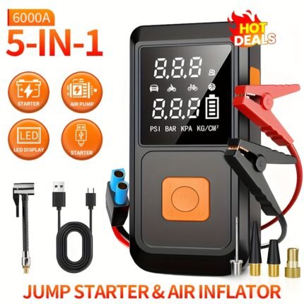 Car Jump Starter Power Supply 6000A with 150PSI Tire Inflation Pump 5in 1: LED Screen Display Battery Charging USB Fast Charging LED Lighting Lightweight Dual Function Outdoor Camping Essentials Halloween Gift Choice, Emergency Car Kit, Vehicle Maintenance, Sleek Power Bank, Compact Design, Durable Construction, Highperformance Charger, Digital Air Compressor, Road Trip Essentials, Car Owners