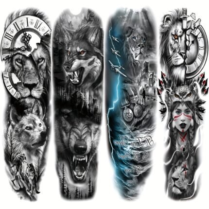 4-Sheet Lion Wolf Temporary Tattoo Sleeve, Large Full Arm Animal Tribal Fake Tattoos Sleeve for Men Women Adult, Long Lasting Black Arm Temp Tatoo Sticker Leg Body Art Makeup