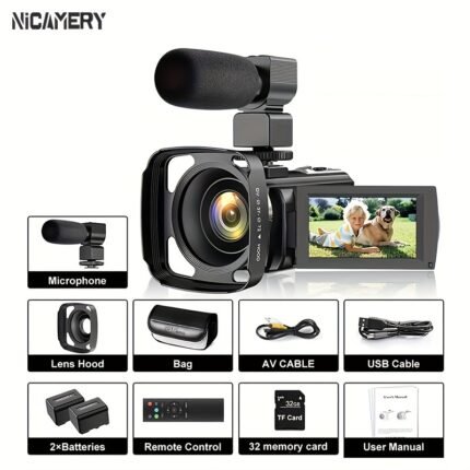 Nicamery Hot Camcorder, 16x Efficient Zoom 1080P HD Camcorder, Full HD 2400 Pixel Webcam Digital Camera, Sound Card Graphics Card Dual Support, Touch Screen Camcorder with Microphone DV, Remote Control, Lens Hood, 1000mAh Batteries 2pcs, 32G TF Card. The Right Choice to Send Relatives And Friends, Atmospheric And Upscale, Make Your Family And Friends Praise.icamery