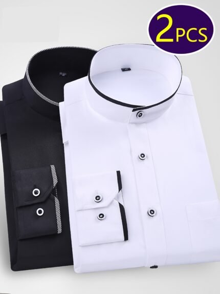 2pcs Men's Mandarin Collar Shirts - Wrinkle-Free Business Casual Office Wear, Lightweight Slim Fit Blouse (White/Black)