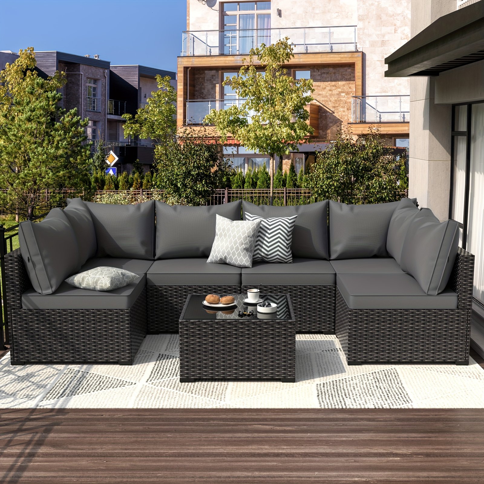 ffb4155f-6bbb-4f12-931e-1f02e4698a3e.jpg Patio Furniture Set, 7pcs Outdoor PE Rattan Couch With Glass Table All Weather Sectional Washable Cushion - Image 1