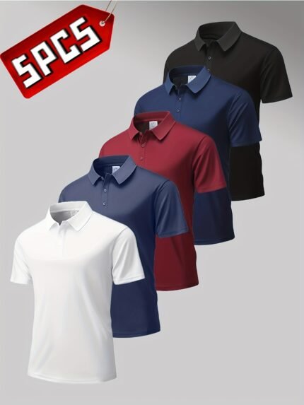 5pcs Men's Summer Short-Sleeve Shirts - Breathable 150gsm Knit Fabric, Solid Color Button-Up Collar Shirts for Golf, Casual & Weekend Outings - Regular Fit Athleisure Style, Golf T Shirts, Sports Leisurewear, Comfortable Fit Shirt