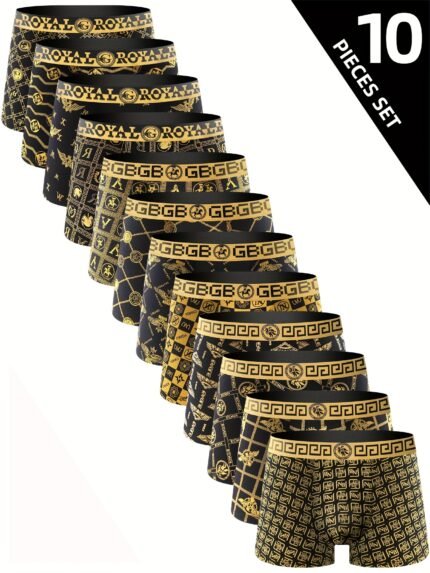 10pcs Men'S High Stretch Breathable Boxer Briefs, Polyester Spandex Shortie Panty with Print Pattern for Casual Wear